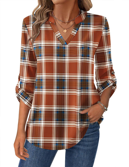 Women’s Plaid V-Neck Shirt – Long Sleeve Roll-Up Top