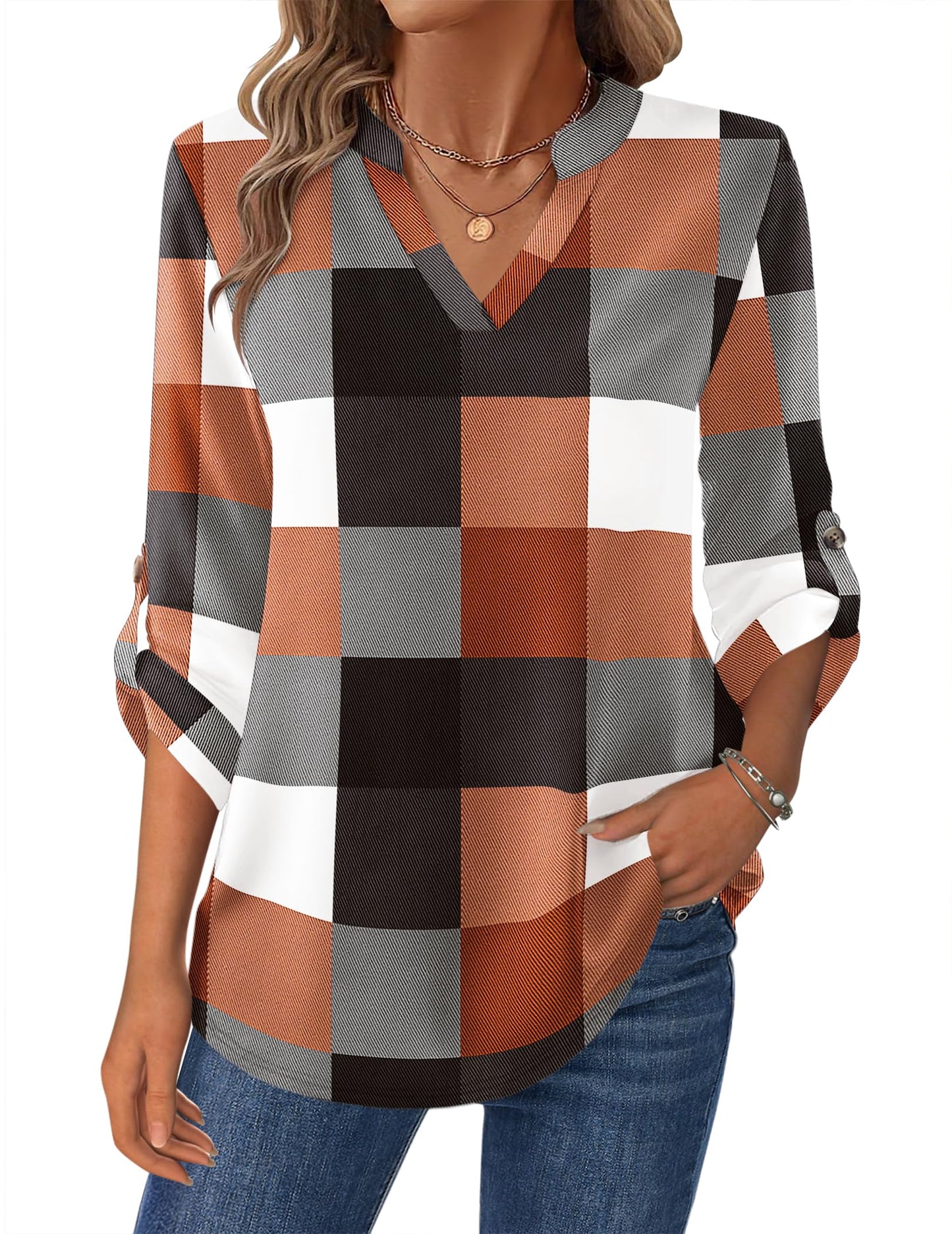 Women’s Plaid V-Neck Shirt – Long Sleeve Roll-Up Top
