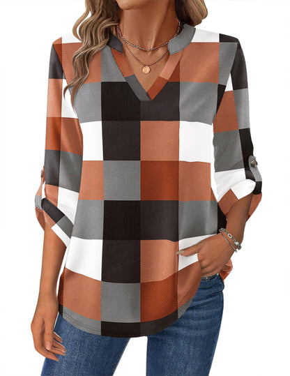 Women’s Plaid V-Neck Shirt – Long Sleeve Roll-Up Top