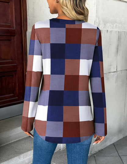 Women’s Plaid V-Neck Shirt – Long Sleeve Roll-Up Top