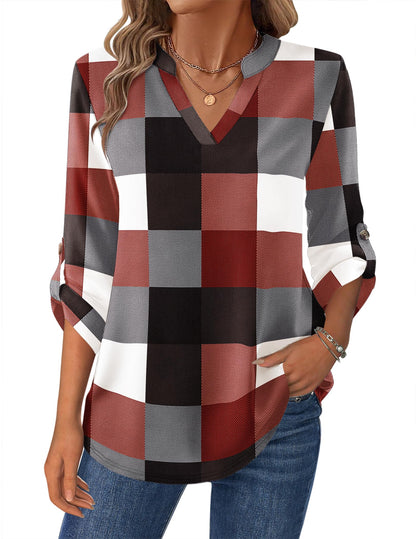 Women’s Plaid V-Neck Shirt – Long Sleeve Roll-Up Top