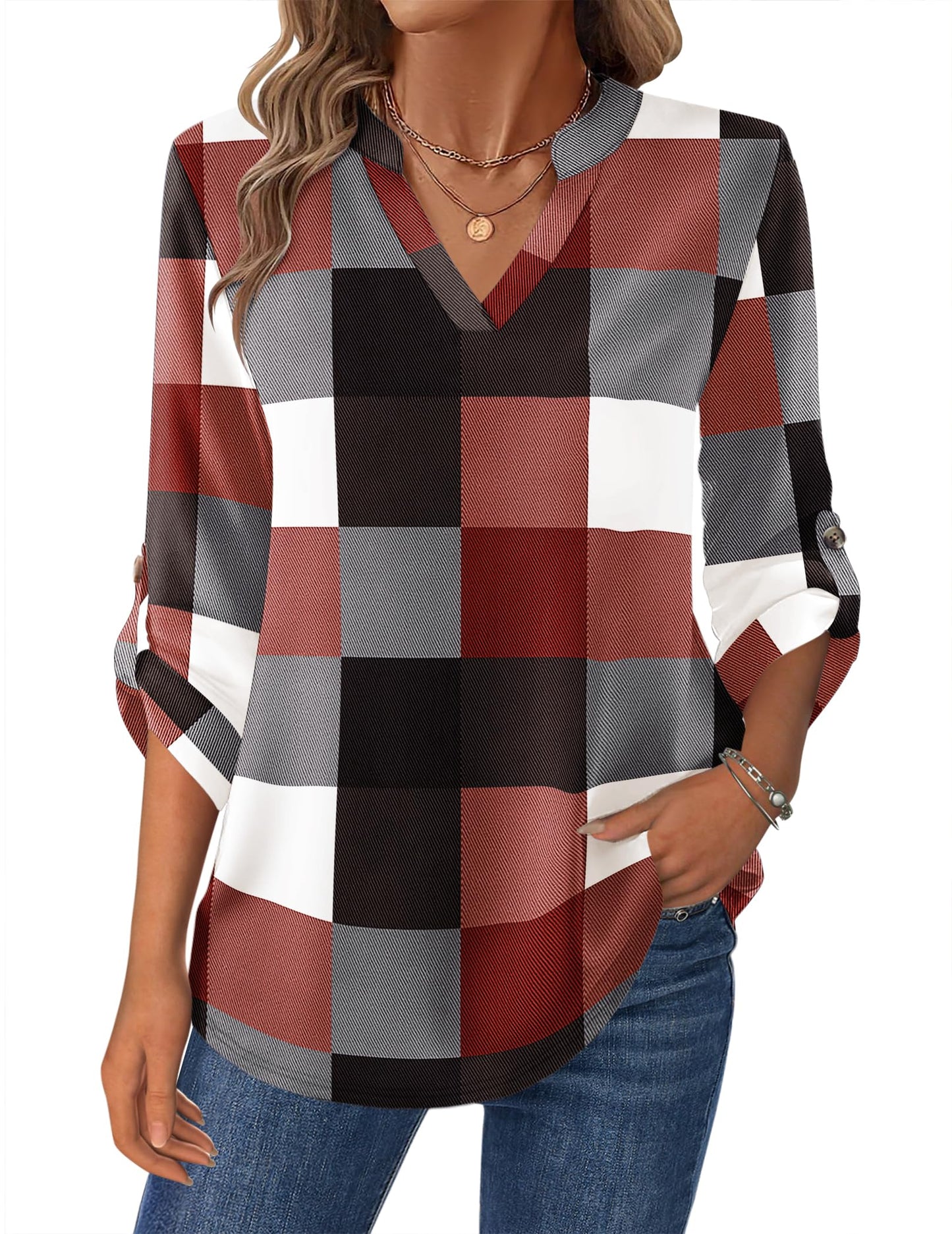 Women’s Plaid V-Neck Shirt – Long Sleeve Roll-Up Top