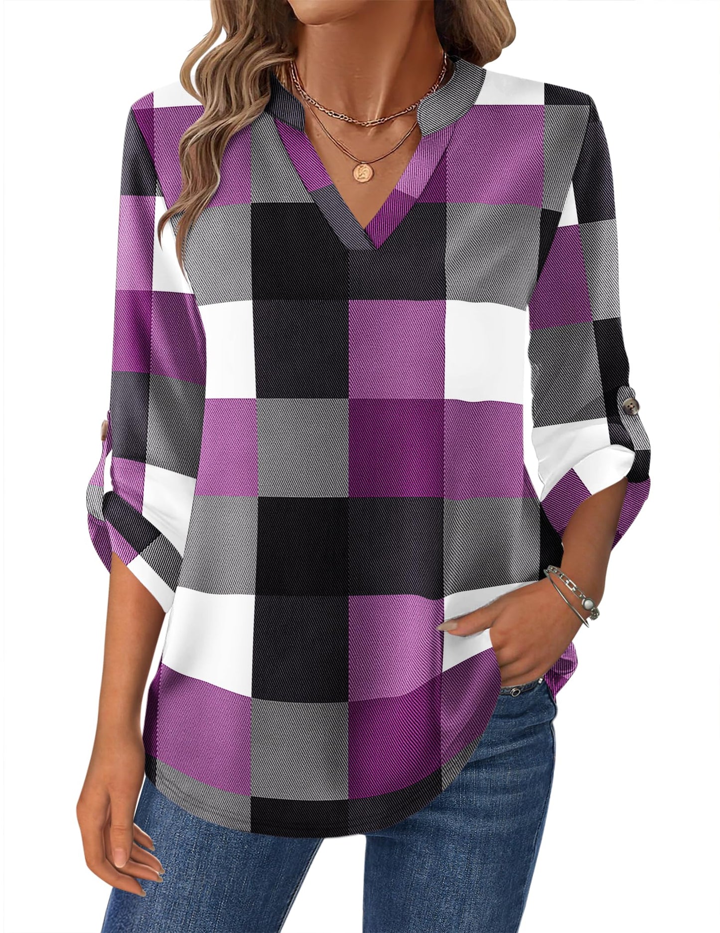 Women’s Plaid V-Neck Shirt – Long Sleeve Roll-Up Top