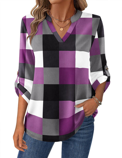 Women’s Plaid V-Neck Shirt – Long Sleeve Roll-Up Top