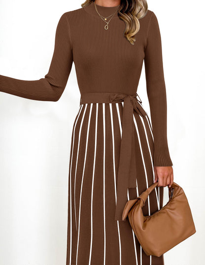 Belted Turtleneck A-Line Sweater Dress The Nichole Collection