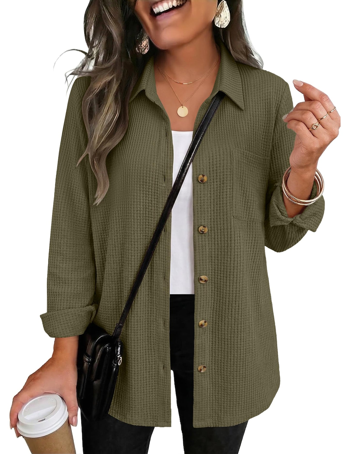 Waffle Knit Button-Down Shacket