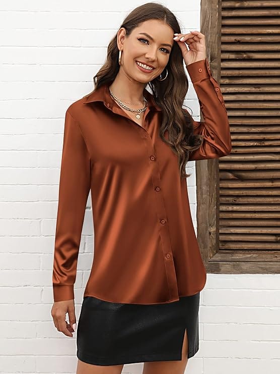 Charmeuse Satin-Feel Button-Up Blouse