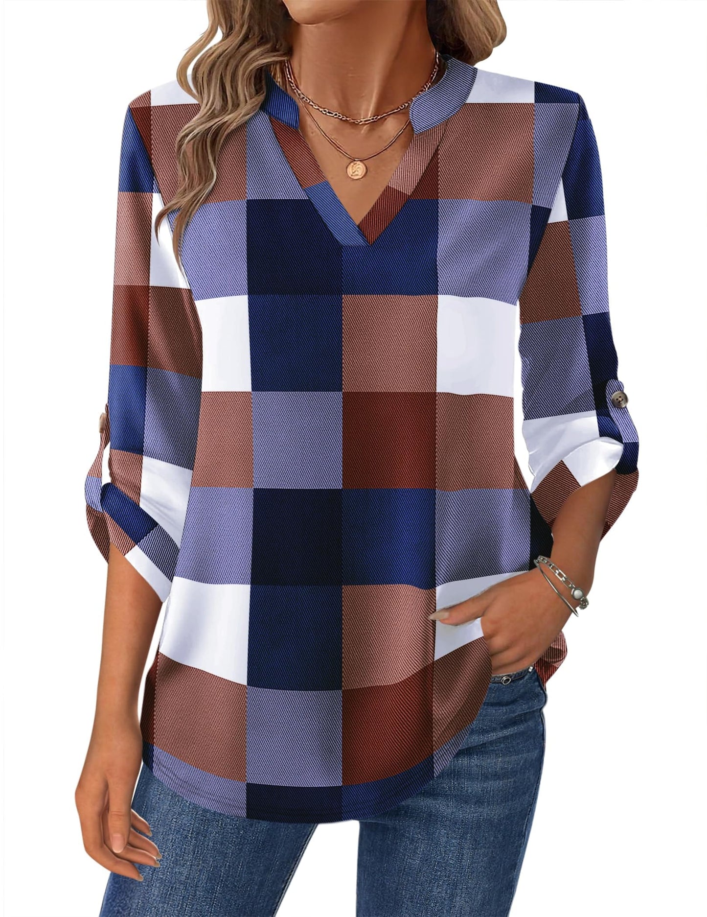 Women’s Plaid V-Neck Shirt – Long Sleeve Roll-Up Top