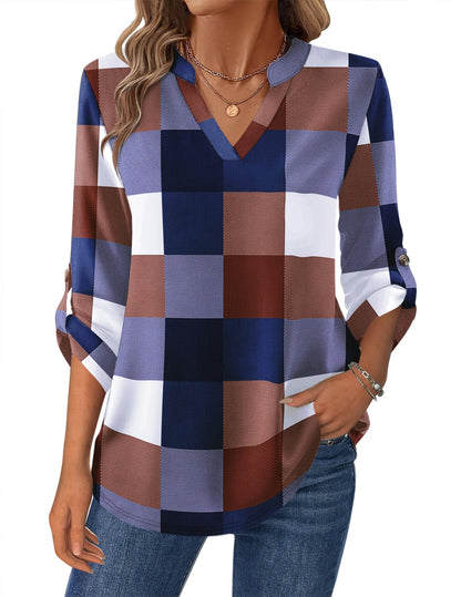 Women’s Plaid V-Neck Shirt – Long Sleeve Roll-Up Top