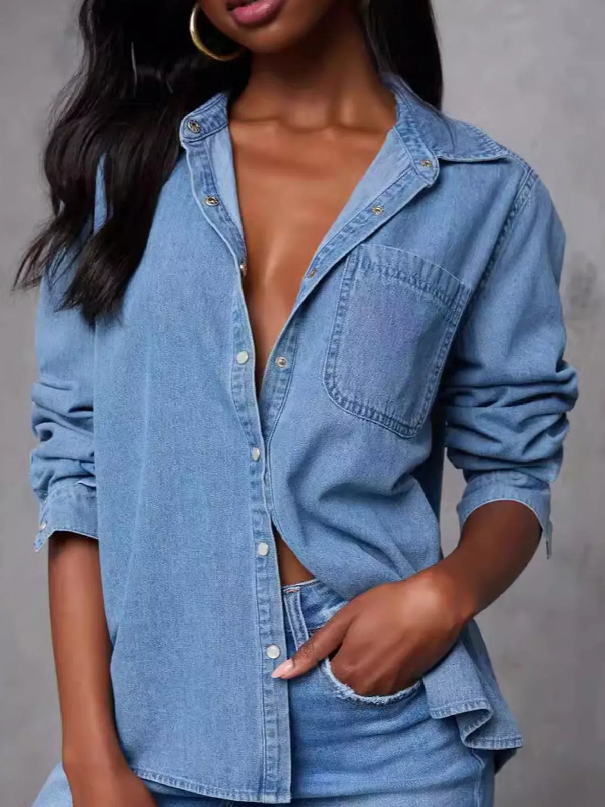 Snap-Down Long-Sleeve Denim Shirt The Nichole Collection