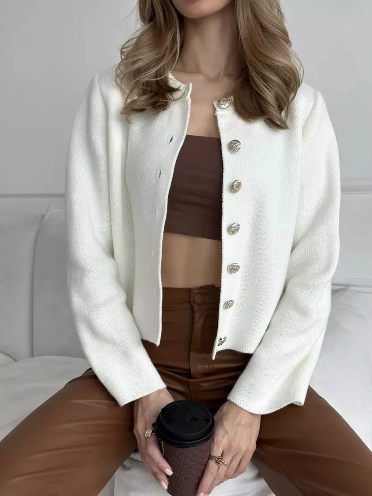 Decorative-Button Crew-Neck Knit Cardigan The Nichole Collection - Official Site