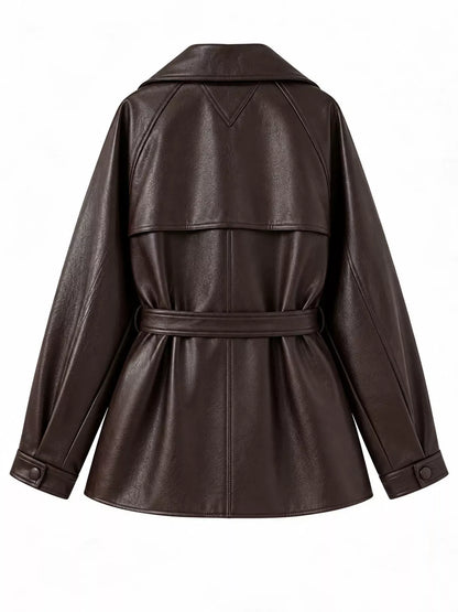 Double-Breasted Vegan Leather Belted Jacket The Nichole Collection
