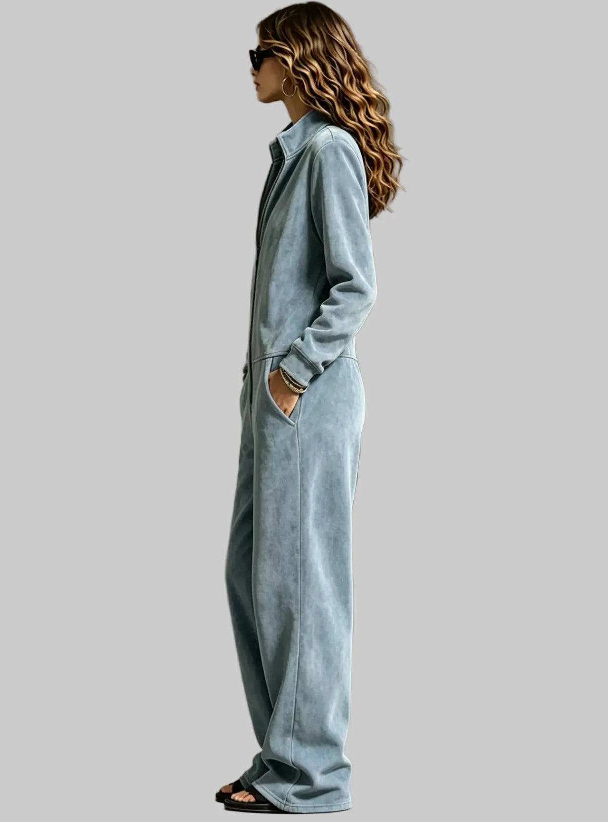 Velour Zip-Up Jumpsuit with Pockets The Nichole Collection