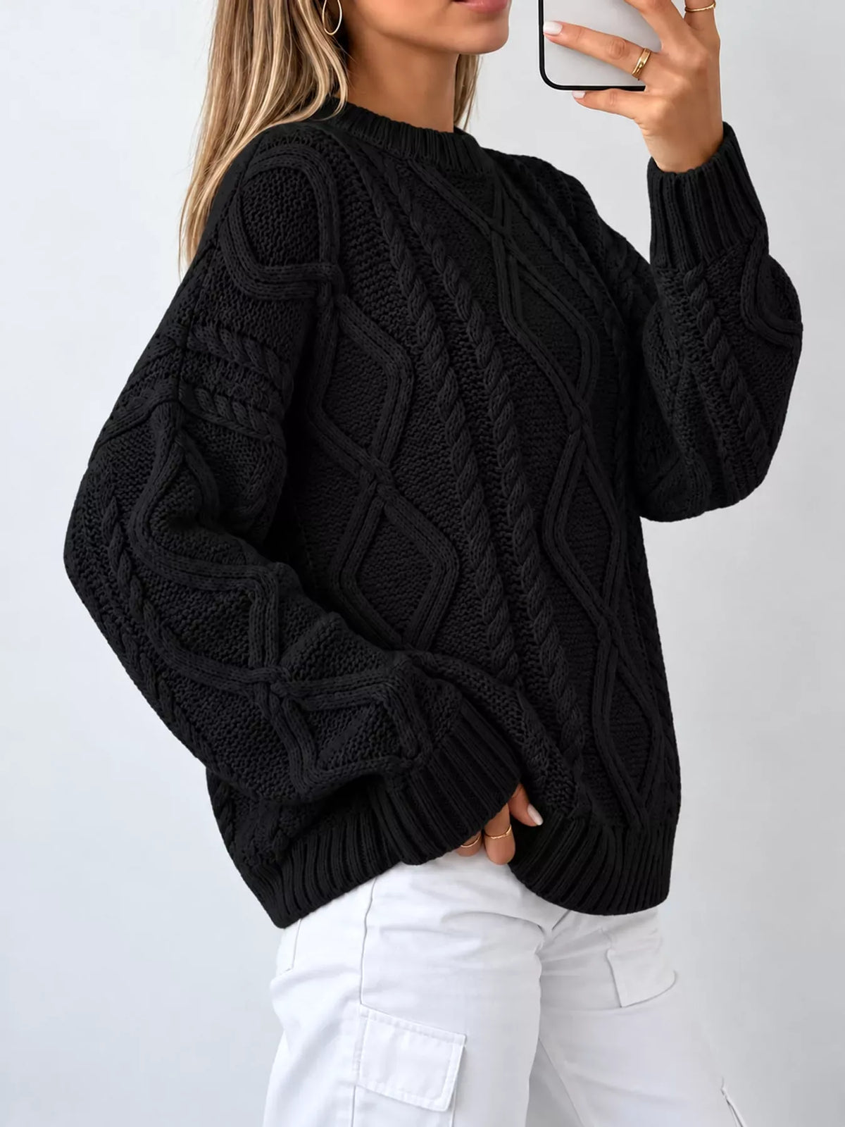 Cable-Knit Round-Neck Sweater The Nichole Collection