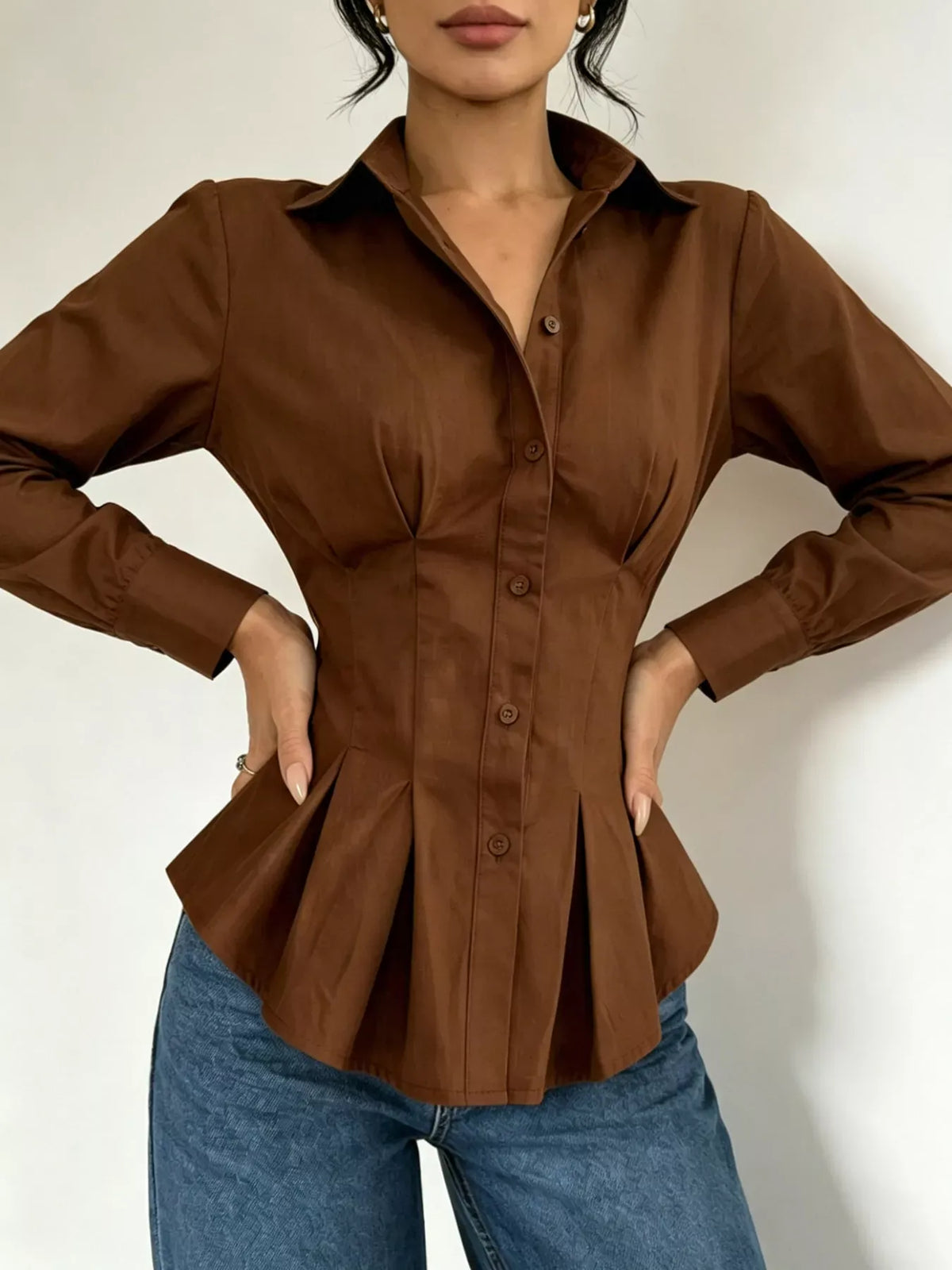 Button-Down Peplum Blouse with Fitted Waist The Nichole Collection