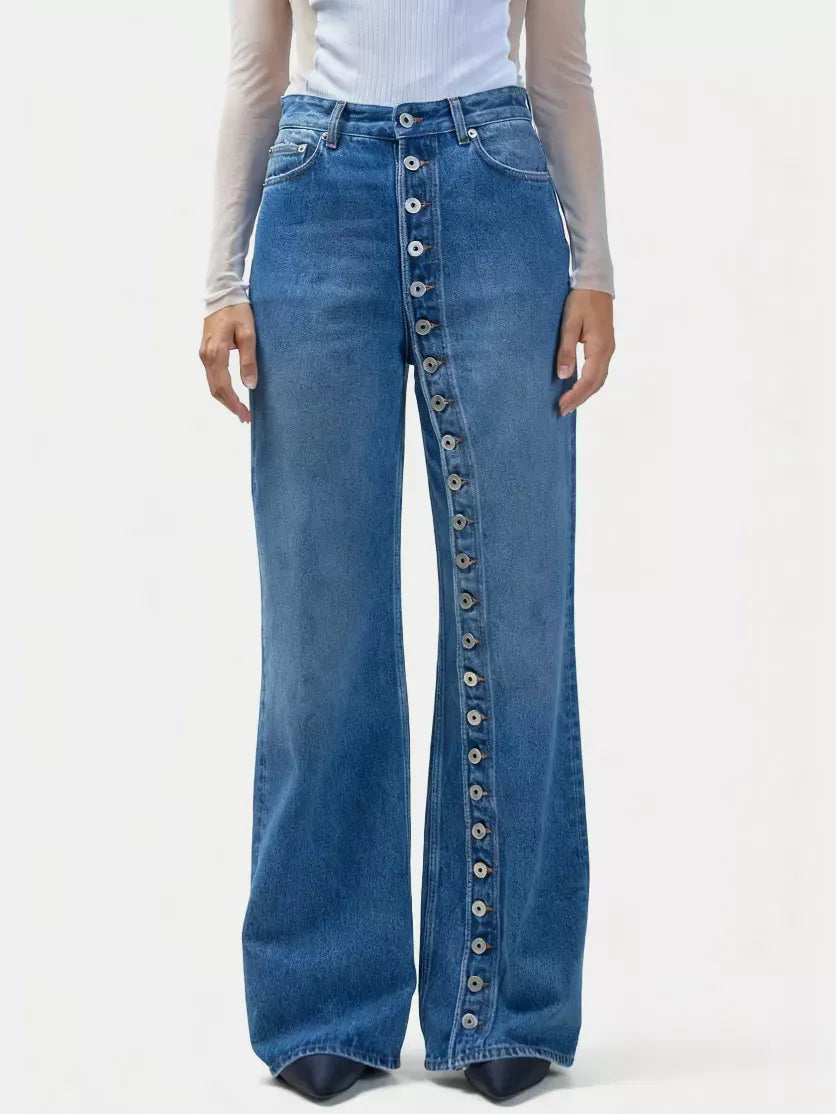 High-Waisted Asymmetric Button-Detail Wide-Leg Jeans The Nichole Collection - Official Site