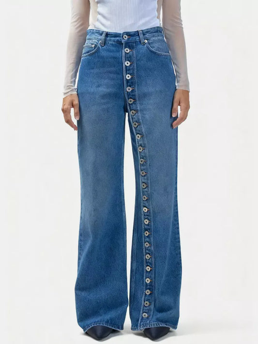 High-Waisted Asymmetric Button-Detail Wide-Leg Jeans The Nichole Collection - Official Site