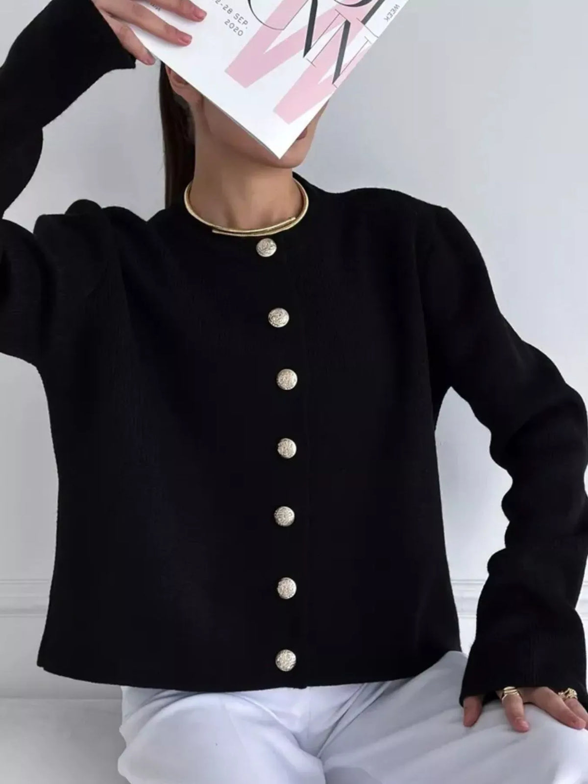 Decorative-Button Crew-Neck Knit Cardigan The Nichole Collection - Official Site