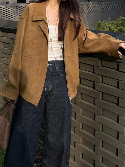 Zip-Up Elastic-Hem Sude Bomber Jacket The Nichole Collection