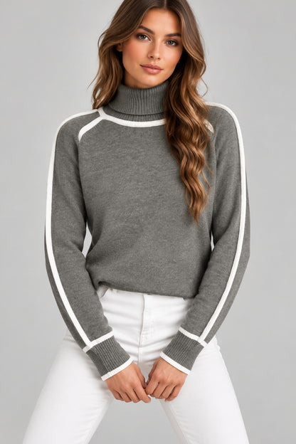 Contrast-Stitch Ribbed-Hem Turtleneck Sweater The Nichole Collection - Official Site