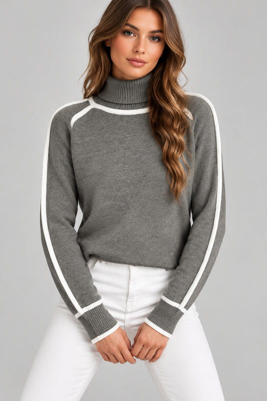 Contrast-Stitch Ribbed-Hem Turtleneck Sweater | The Nichole Collection