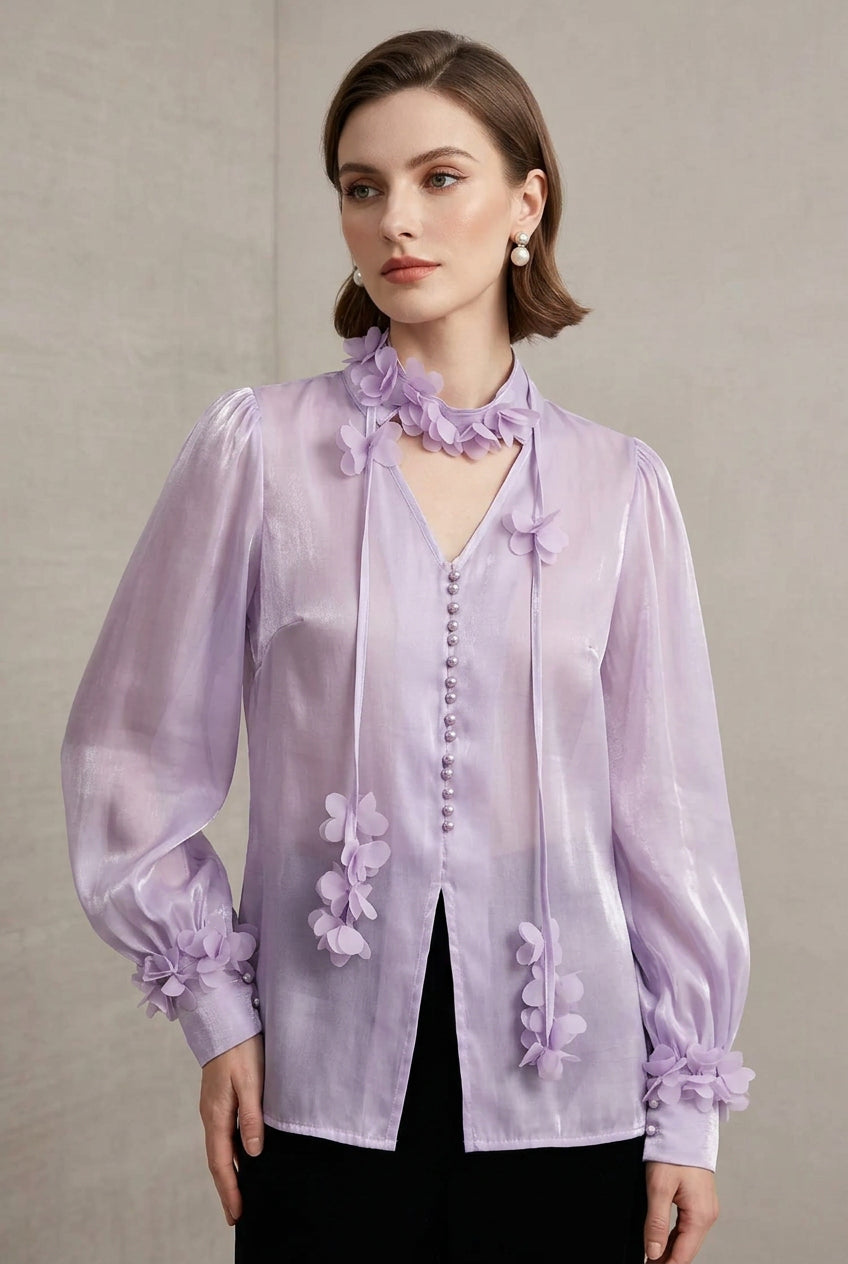 Sheer Floral-Embellished Shirt The Nichole Collection