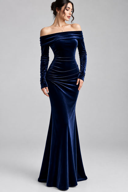 Off-Shoulder Ruched Velvet Mermaid Maxi Dress The Nichole Collection - Official Site