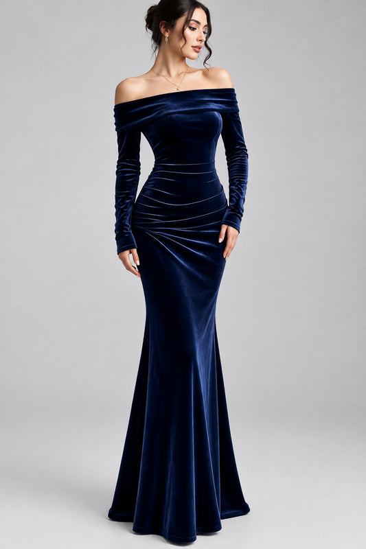 Off-Shoulder Ruched Velvet Mermaid Maxi Dress The Nichole Collection - Official Site