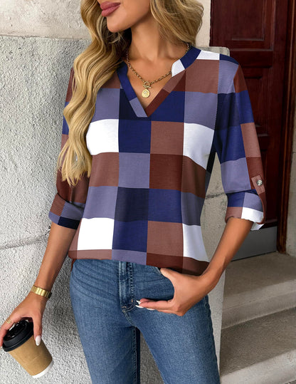 Women’s Plaid V-Neck Shirt – Long Sleeve Roll-Up Top