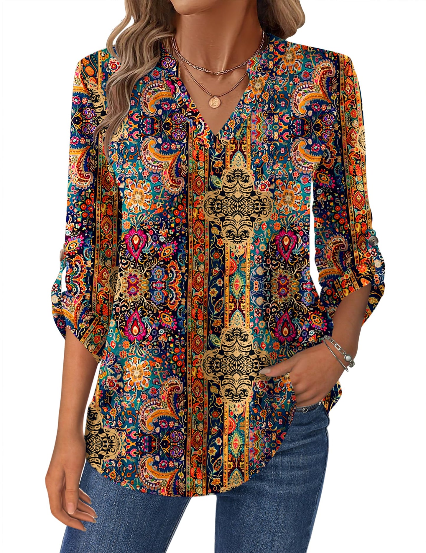 Women’s Plaid V-Neck Shirt – Long Sleeve Roll-Up Top