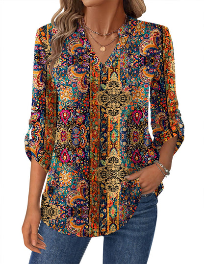 Women’s Plaid V-Neck Shirt – Long Sleeve Roll-Up Top