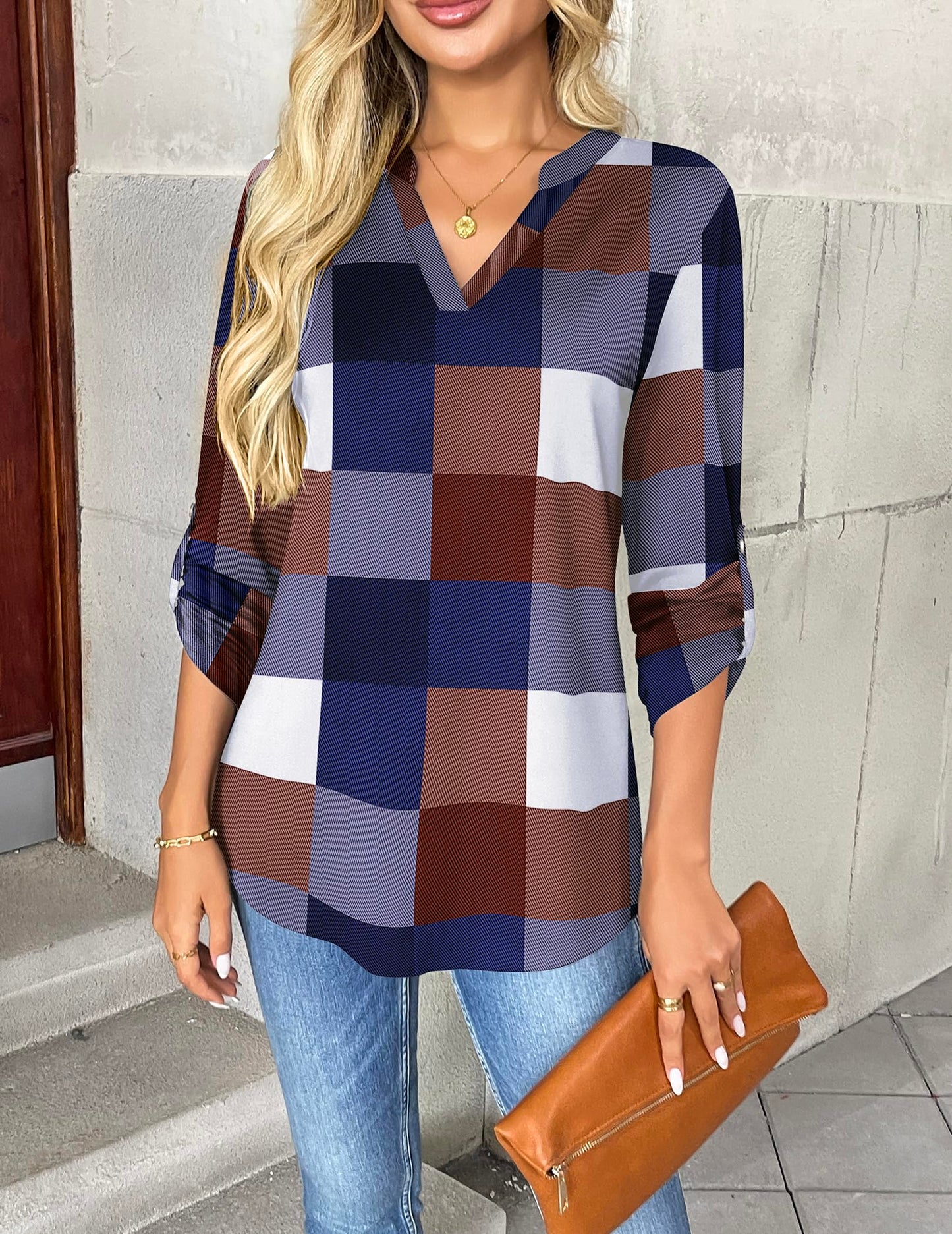 Women’s Plaid V-Neck Shirt – Long Sleeve Roll-Up Top