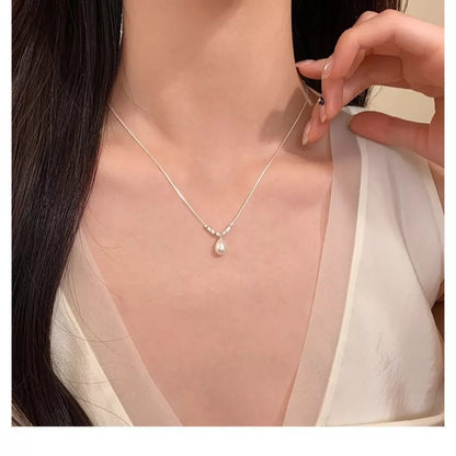 925 Sterling Silver Pearl Drop Necklace Necklace Silver / ONESIZE The Nichole Collection