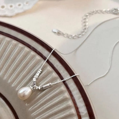 925 Sterling Silver Pearl Drop Necklace Necklace Silver / ONESIZE The Nichole Collection