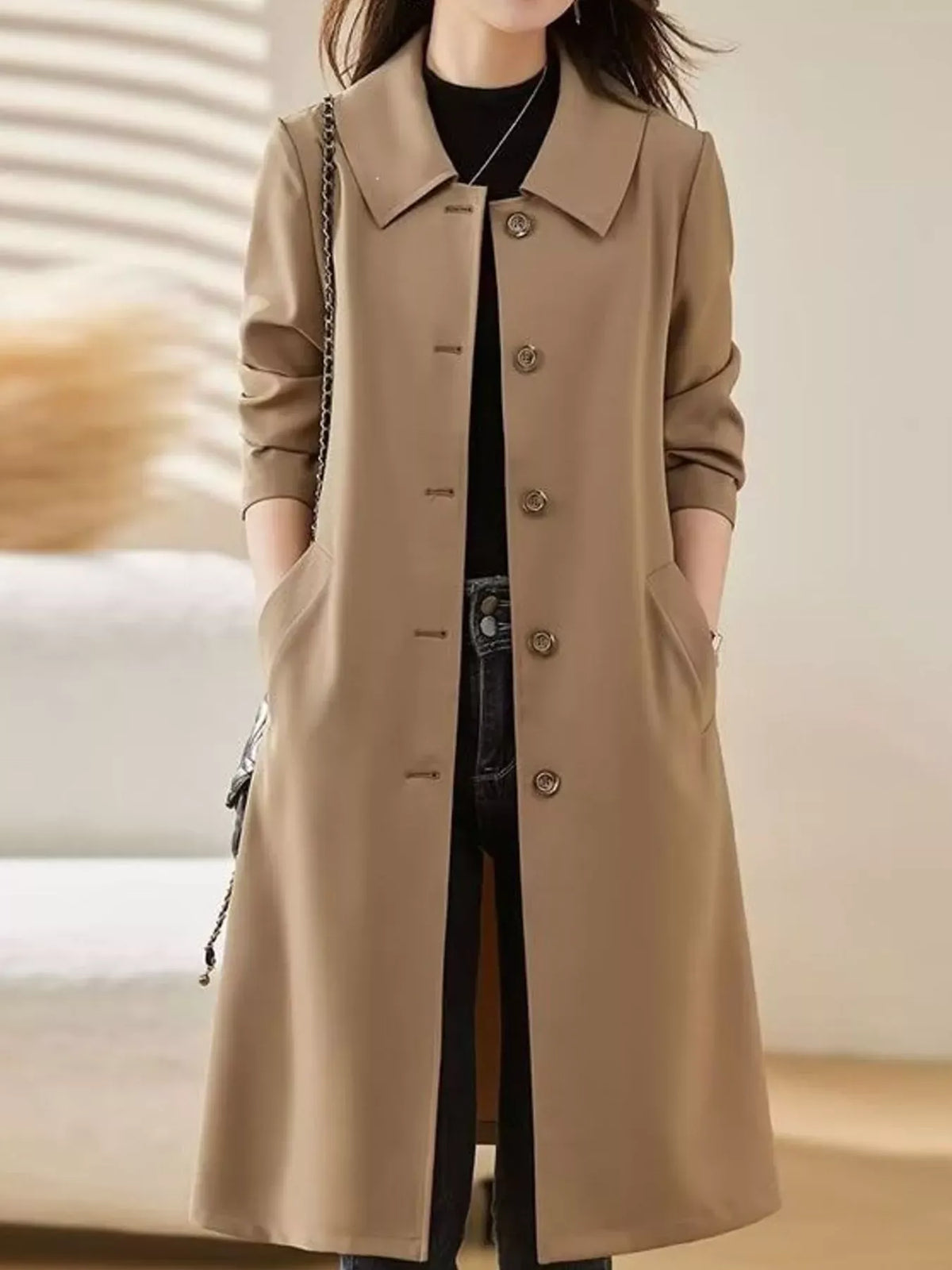 Single-Breasted Button-Front Coat - Camel-Lined / M