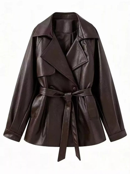 Double-Breasted Vegan Leather Belted Jacket The Nichole Collection