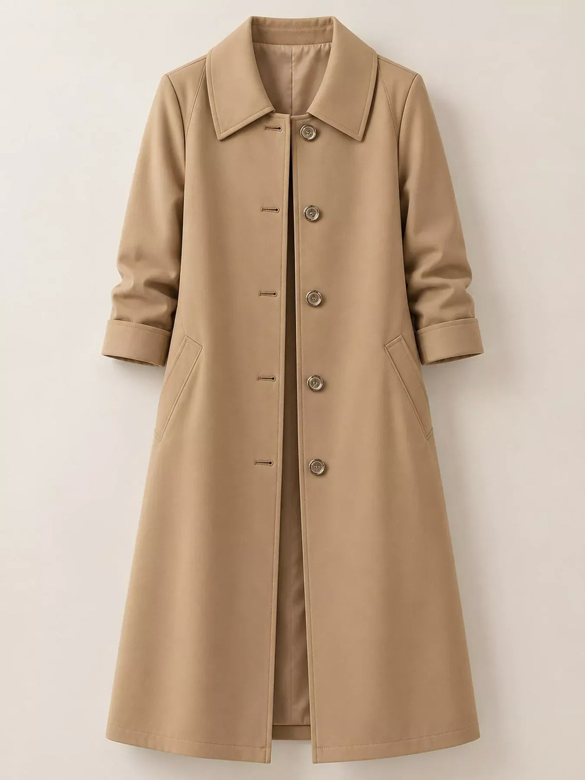 Single-Breasted Button-Front Coat - Camel-Lined / M