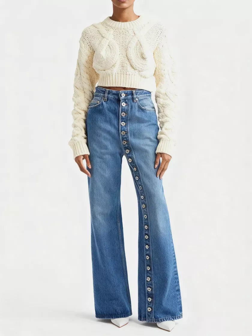 High-Waisted Asymmetric Button-Detail Wide-Leg Jeans The Nichole Collection - Official Site