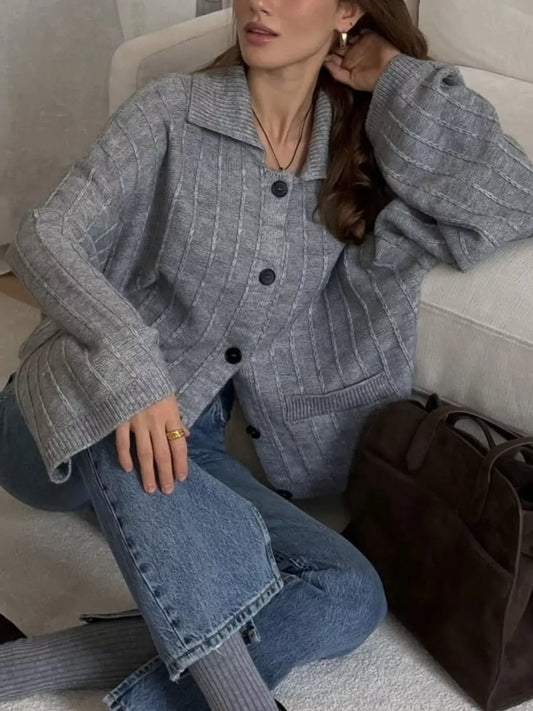 Textured Knit Wide-Sleeve Collared Cardigan The Nichole Collection