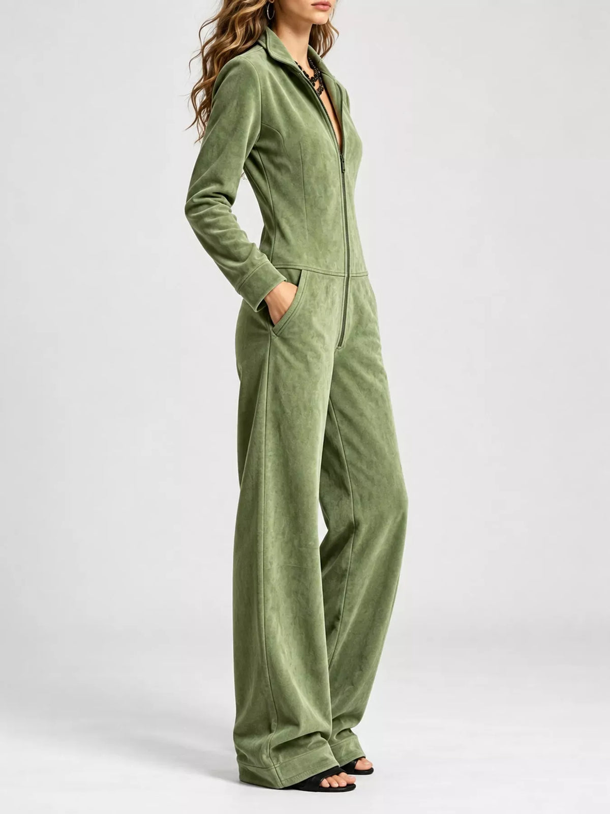 Velour Zip-Up Jumpsuit with Pockets The Nichole Collection