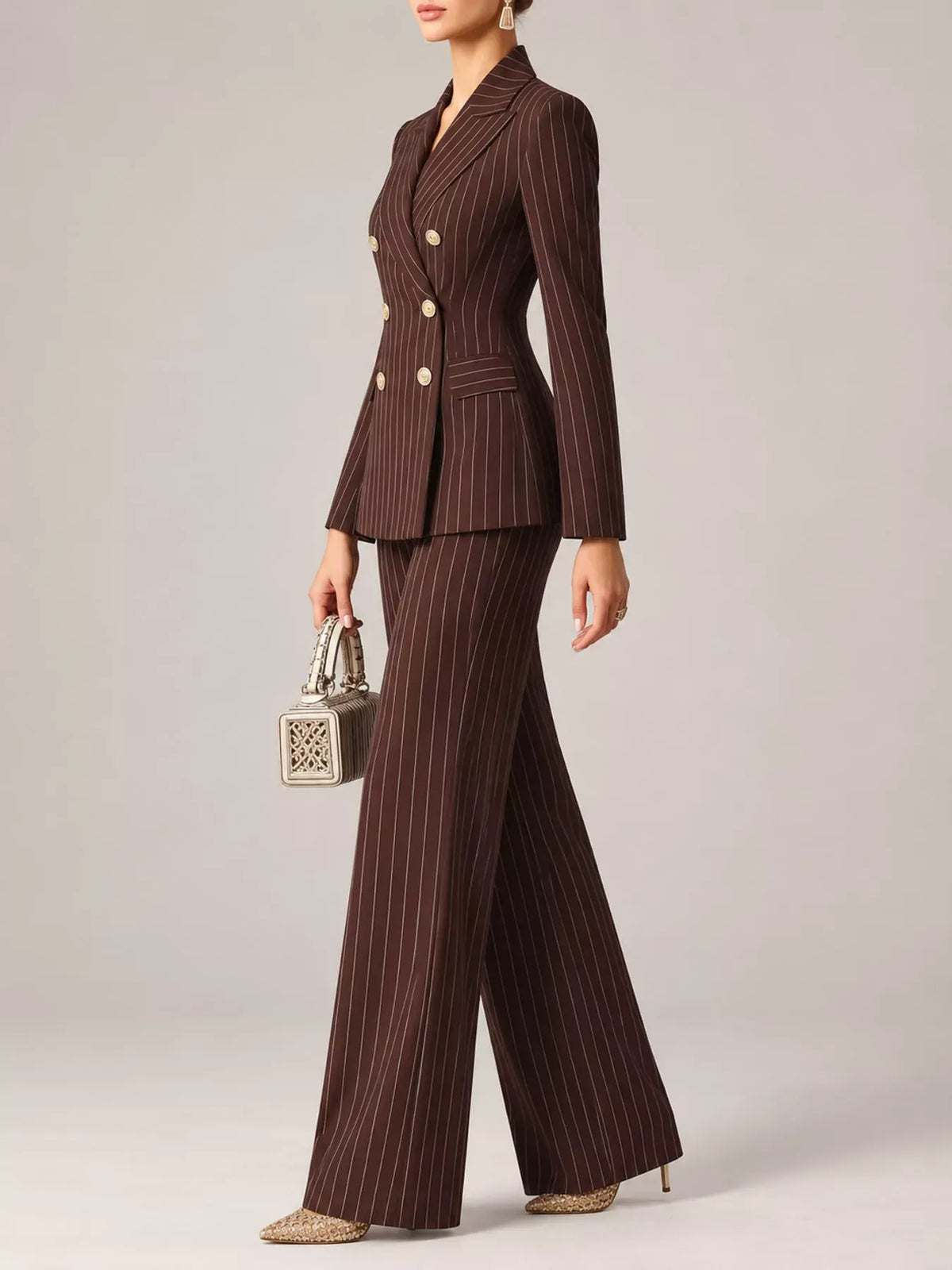 Double-Breasted Pinstripe Blazer and Wide-Leg Pants Set The Nicole Collection