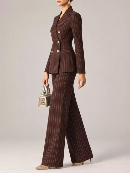 Double-Breasted Pinstripe Blazer and Wide-Leg Pants Set The Nicole Collection