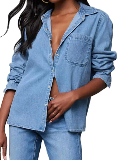 Snap-Down Long-Sleeve Denim Shirt The Nichole Collection
