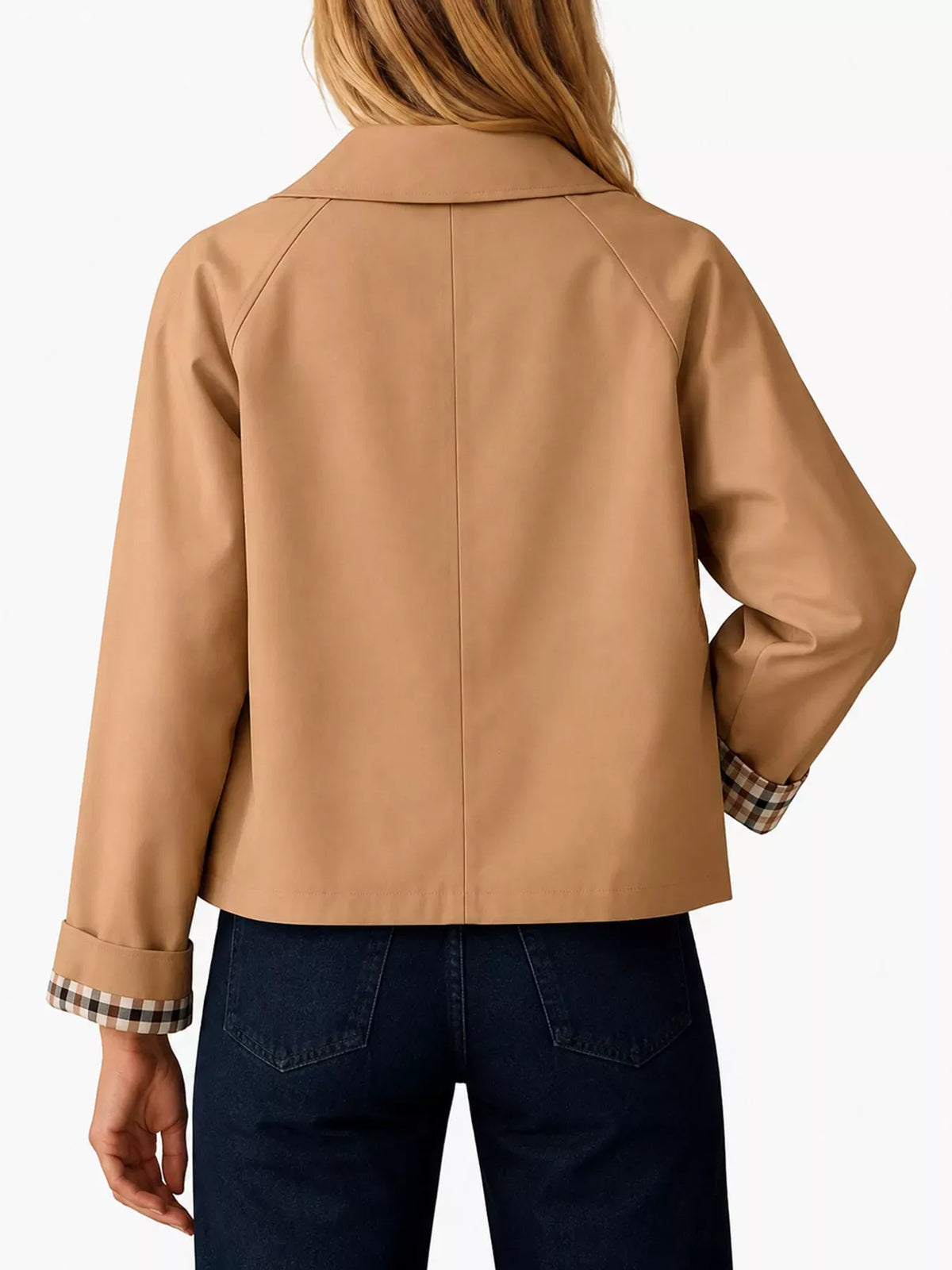 Plaid-Cuff Cropped Trench Jacket The Nichole Collection