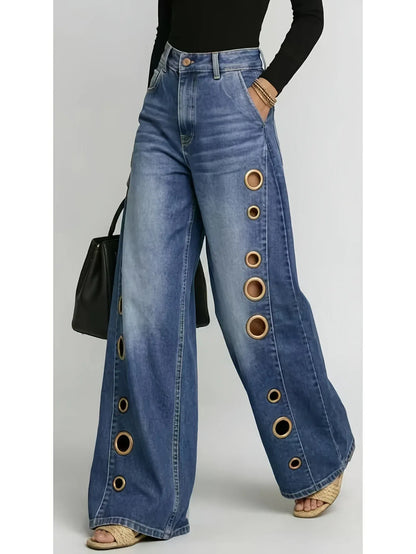 Metallic Eyelet Wide-Leg Denim Jeans