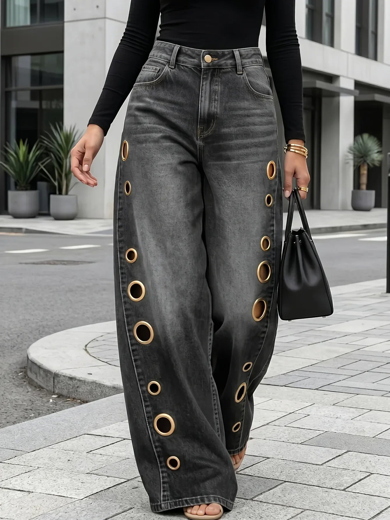 Metallic Eyelet Wide-Leg Denim Jeans