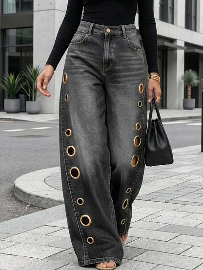 Metallic Eyelet Wide-Leg Denim Jeans