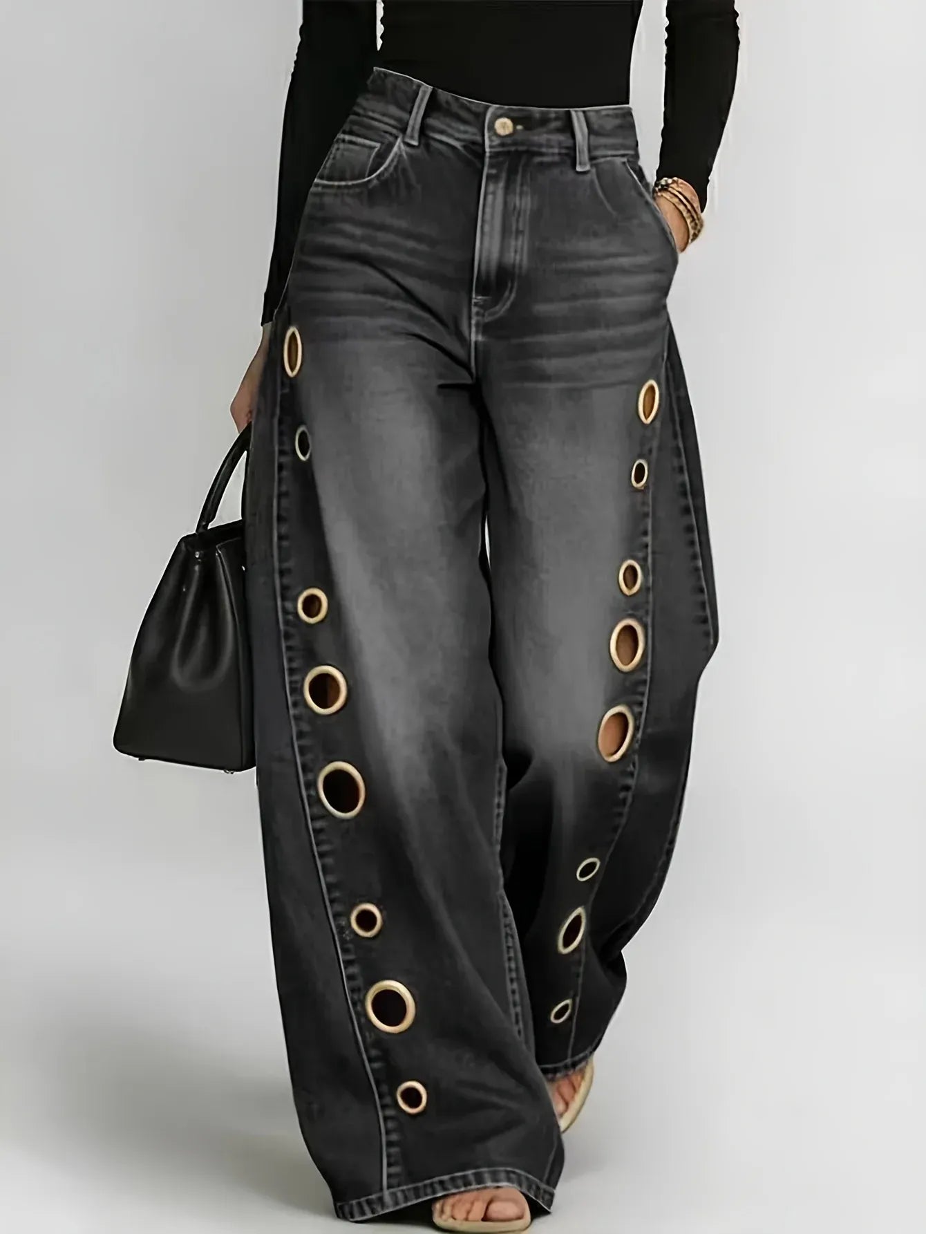 Metallic Eyelet Wide-Leg Denim Jeans