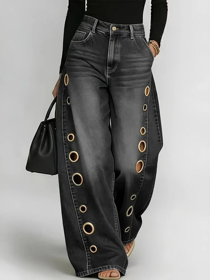 Metallic Eyelet Wide-Leg Denim Jeans