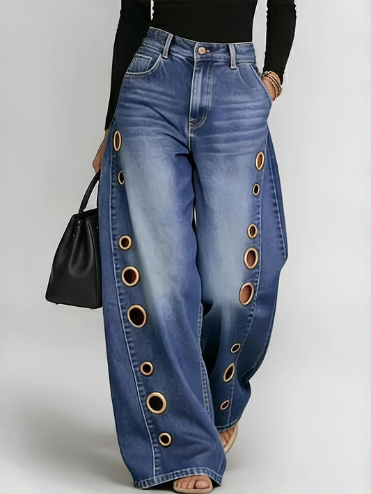 Metallic Eyelet Wide-Leg Denim Jeans